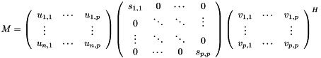 \[ M = \left( \begin{array}{ccc} u_{1,1}&\cdots&u_{1,p}\\ \vdots&&\vdots\\ u_{n,1}&\cdots&u_{n,p}\\ \end{array} \right) \left( \begin{array}{cccc} s_{1,1}&0&\cdots&0\\ 0&\ddots&\ddots&\vdots\\ \vdots&\ddots&\ddots&0\\ 0&\cdots&0&s_{p,p}\\ \end{array} \right) \left( \begin{array}{ccc} v_{1,1}&\cdots&v_{1,p}\\ \vdots&&\vdots\\ v_{p,1}&\cdots&v_{p,p}\\ \end{array} \right)^H \]